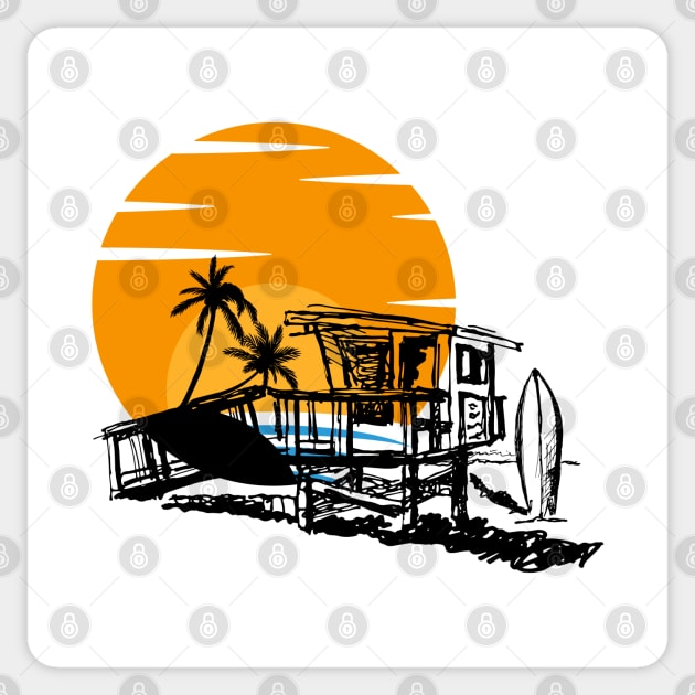 Life Guard Station at the Beach with Sunset and Surfboard Sticker by Joaddo